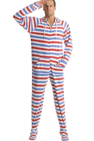 Americana onesie pajamas, Red white blue footed pajamas, Adult fleece onesie, Patriotic pajamas with hoodie, Cozy footed onesie