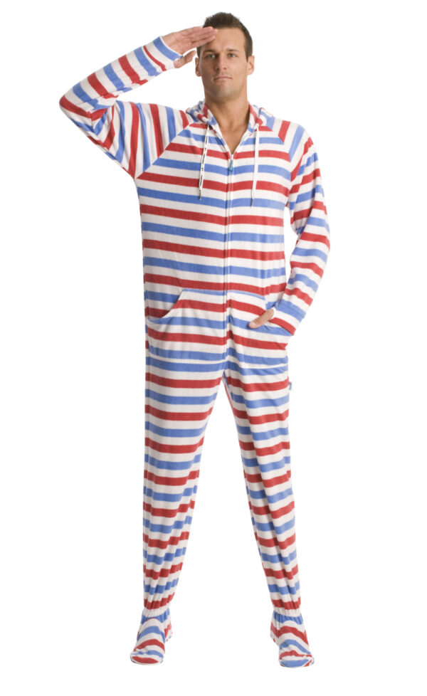 Americana onesie pajamas, Red white blue footed pajamas, Adult fleece onesie, Patriotic pajamas with hoodie, Cozy footed onesie