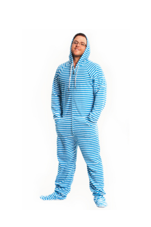 Blue Striped Adult Footed Pajama Onesie %%sep%%