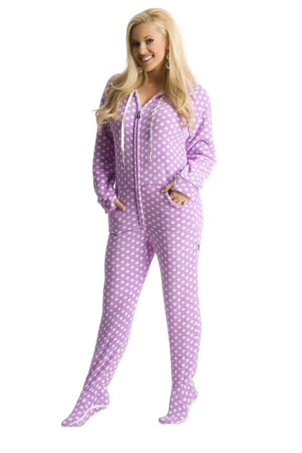 Purple Polka Dots Hooded Adult Onesie Pajamas - Image 3