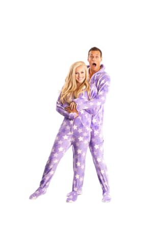 Purple Star Printed Hooded Adult Footed Pajamas