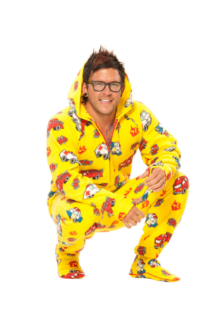 Fuzzy Yellow Fire Trucks Adult Hooded Pajamas