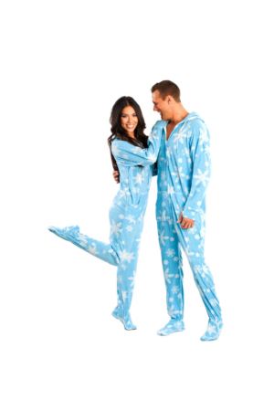 Blue Frosty Snowflakes Adult Footed Onesie Pajamas