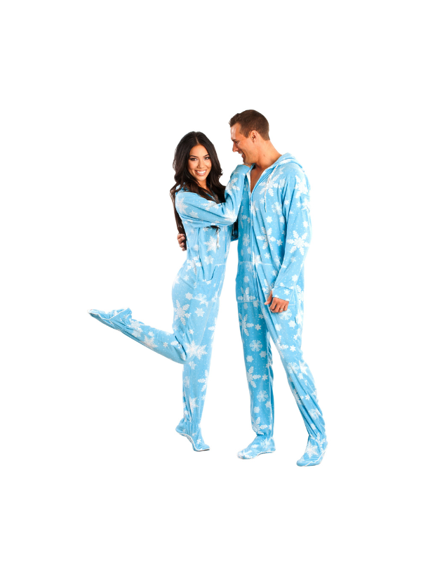 Blue Frosty Snowflakes Adult Footed Onesie Pajamas