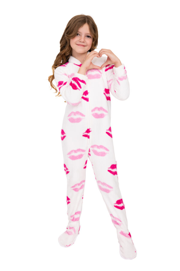 Chenille Pink Lips Kids Footed Pajamas with Non-Slip Soles