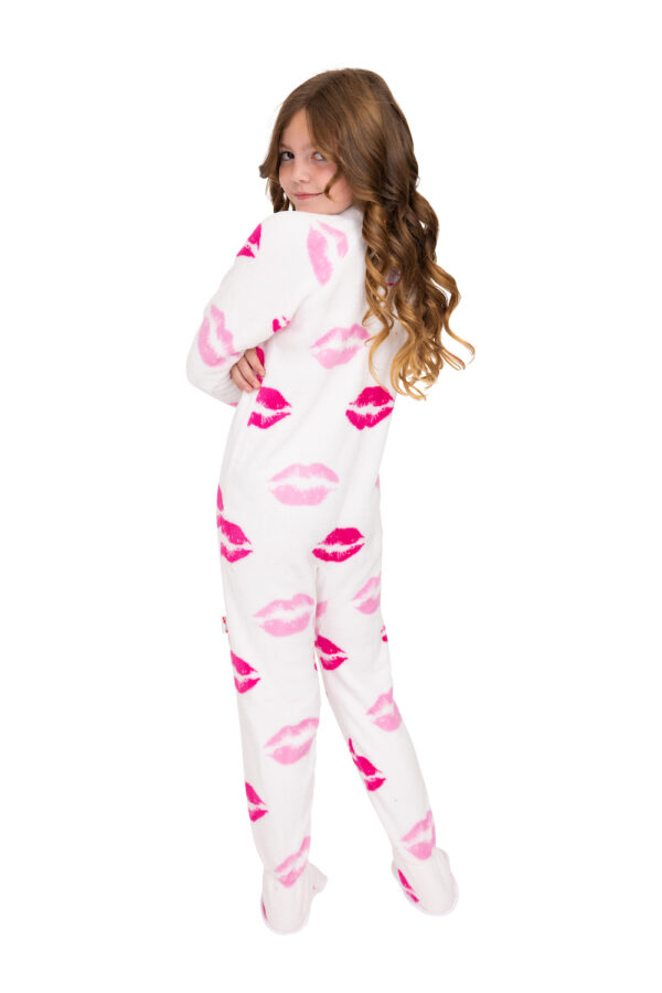 Chenille Pink Lips Kids Footed Pajamas with Non-Slip Soles - Image 2