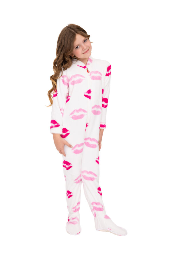 Chenille Pink Lips Kids Footed Pajamas with Non-Slip Soles - Image 3