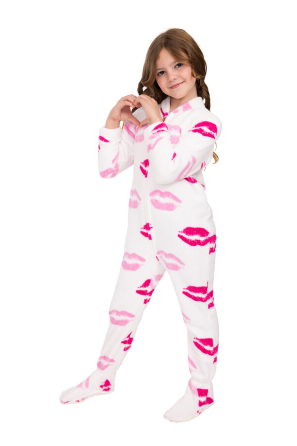 Chenille Pink Lips Kids Footed Pajamas with Non-Slip Soles - Image 4